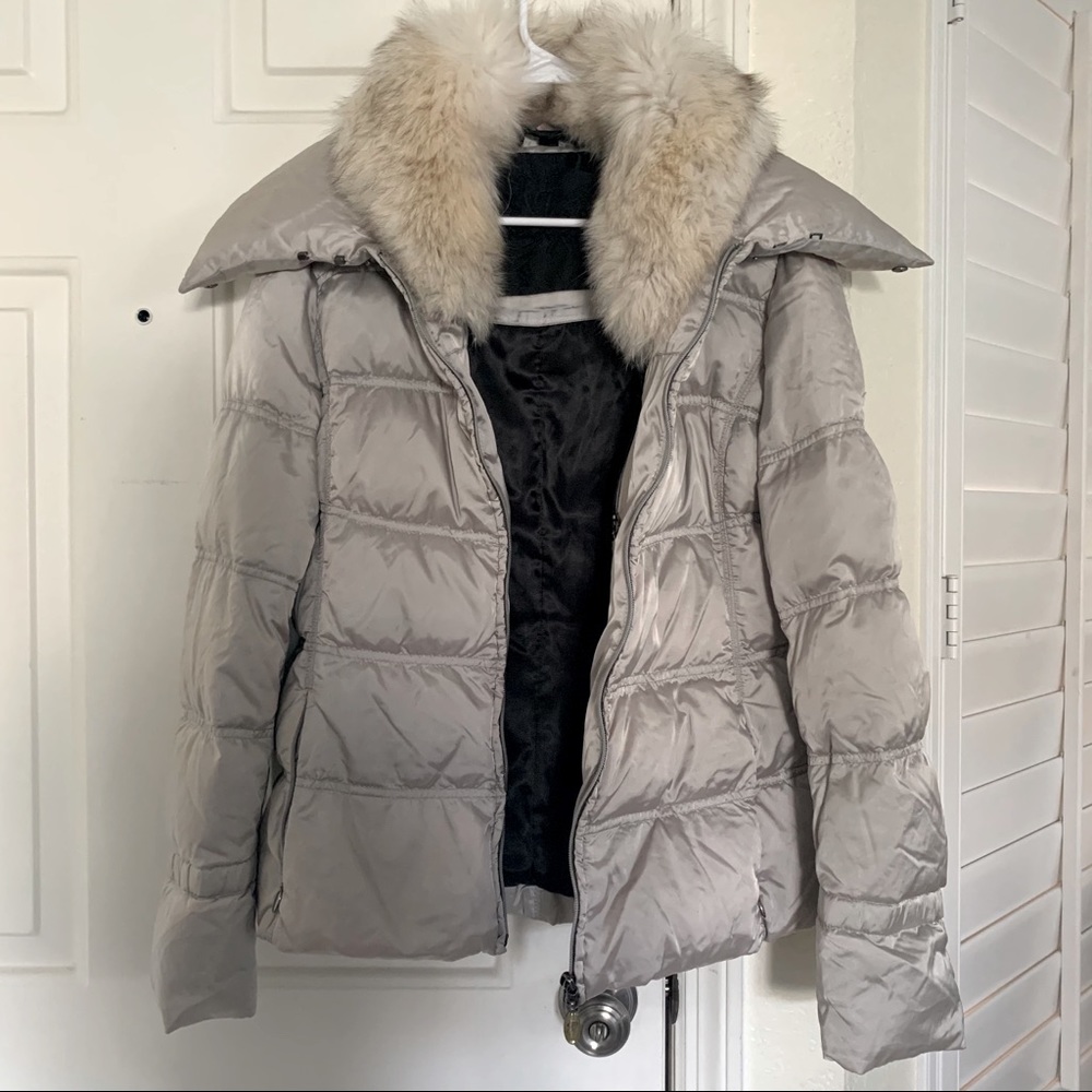 Geospirit silver puffer jacket with real fur
